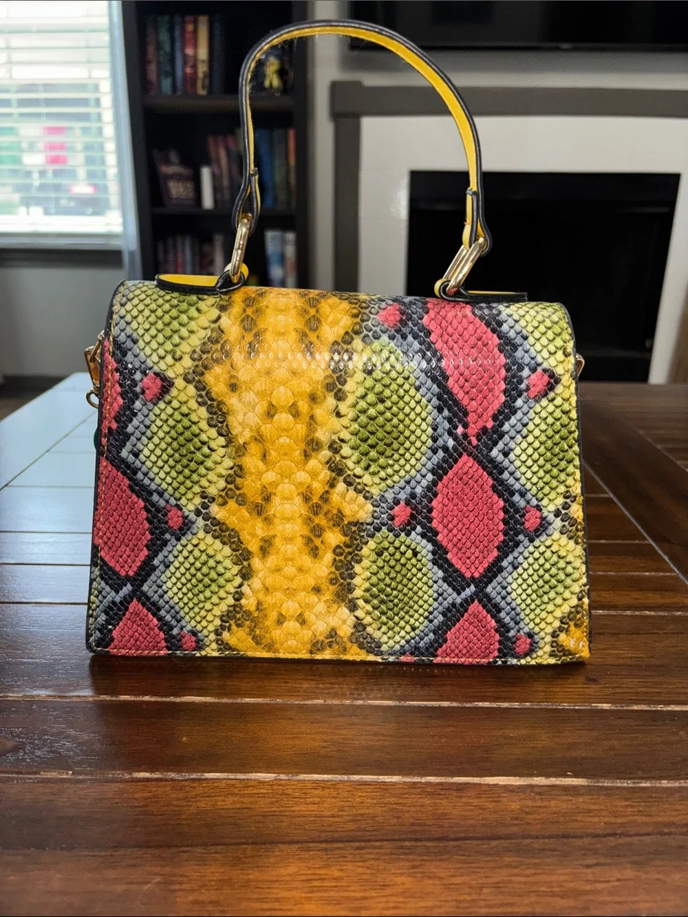 Yellow Multi-Color Snake-Print Top-Handle Bag